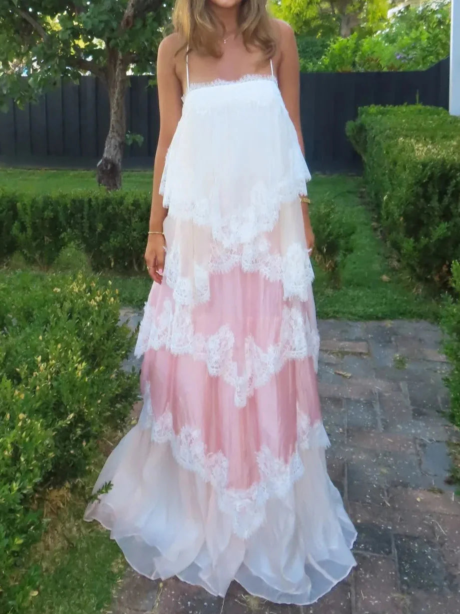 Pink & White Ombre Lace Layered Spaghetti Strap Cake Maxi Dress