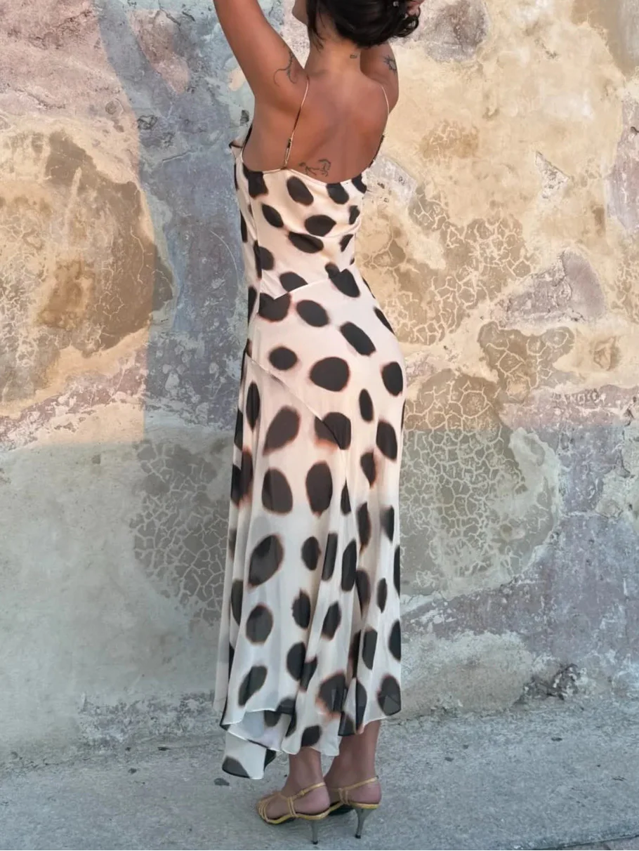 Draped Cowl Neck Polka Dot Print Slit Chiffon Slip Dress