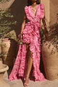 Pink Tie-Dye Ruffle Backless High Slit Maxi Dress | Vacation Style Sexy Party Gown