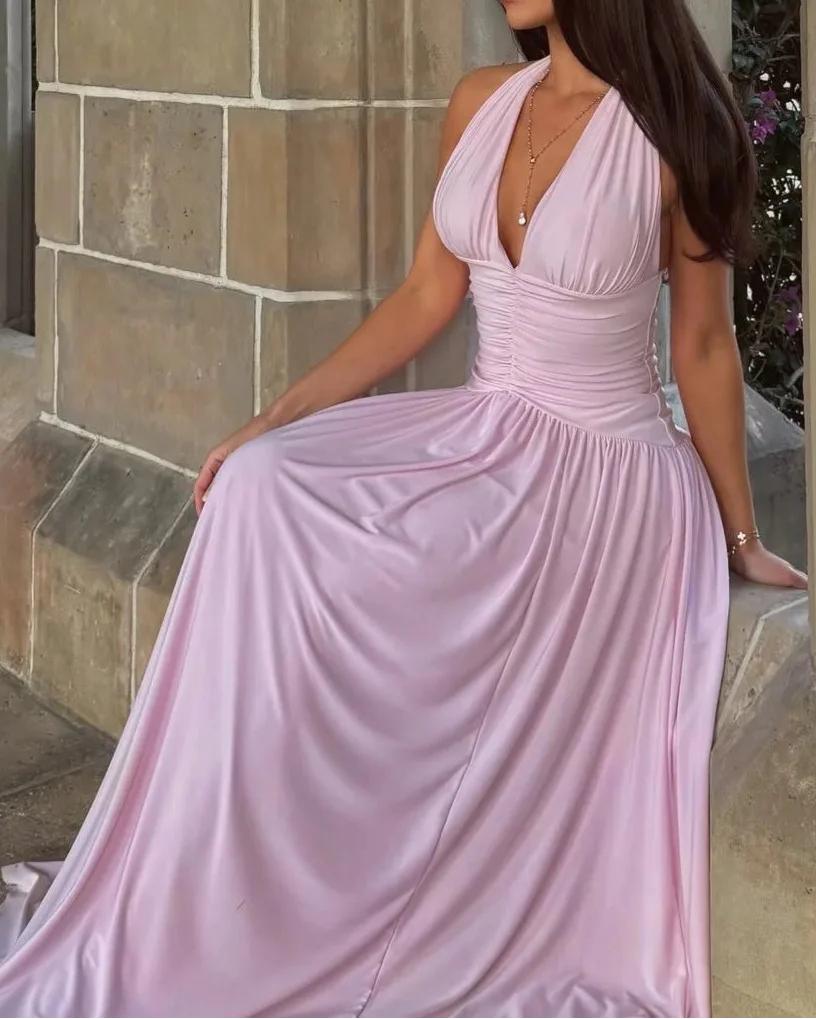 Halter Deep V Draped Maxi Waist Slimming Elegant Date Vacation Dress