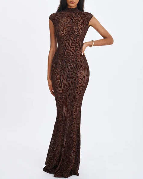 Brown Flocked Leopard Print Sheer Open-Back Turtleneck Mermaid Gown