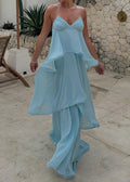 Light Blue Thin Strap V-Neck Multi Tier Ruffle Chiffon Maxi Dress
