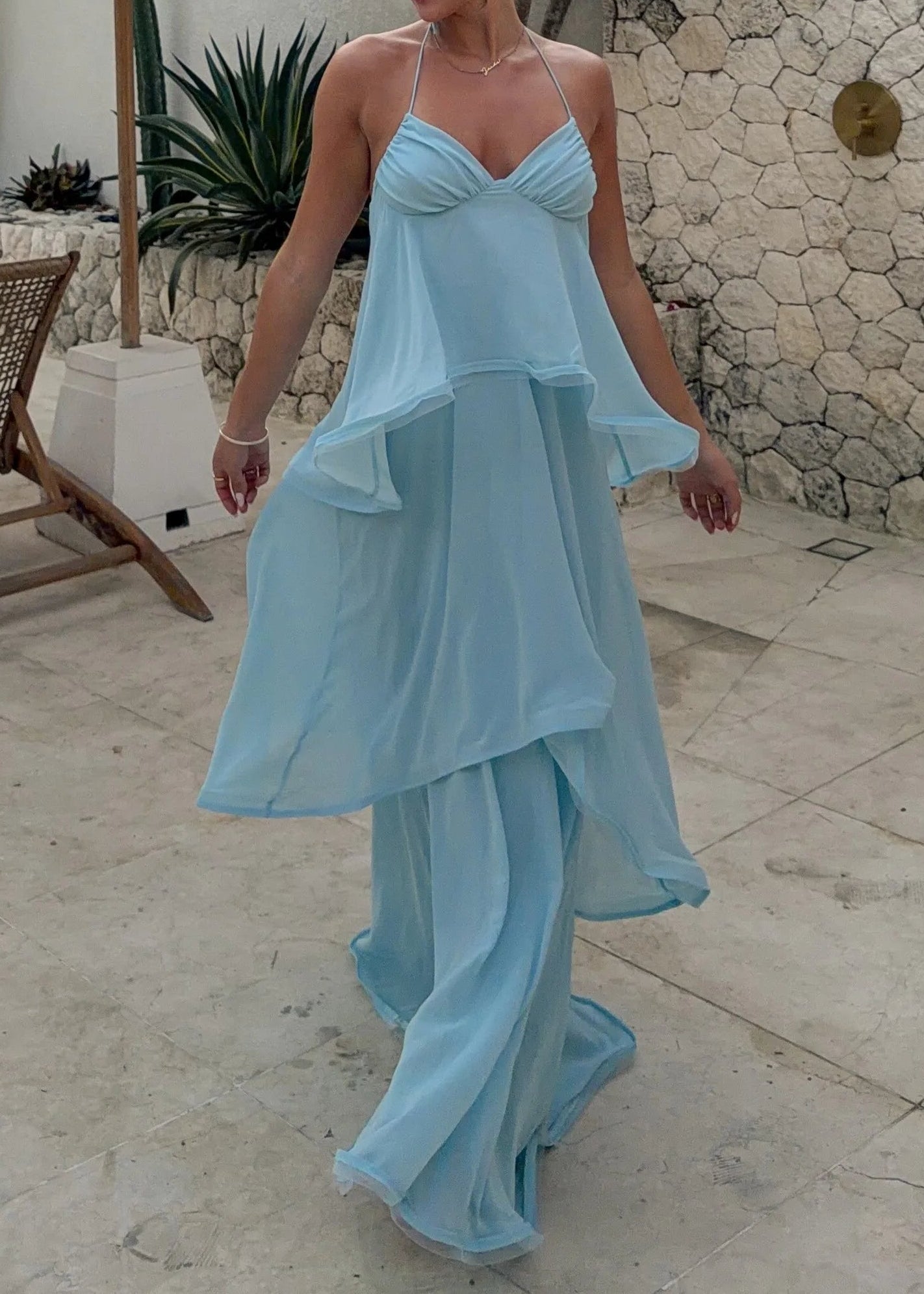Light Blue Thin Strap V-Neck Multi Tier Ruffle Chiffon Maxi Dress
