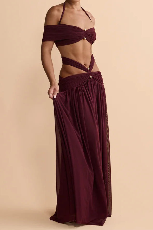 Halter Off-Shoulder Mesh Cut-Out Waist-Cinching Maxi Two-Piece Set | Sexy Backless Vacation Outfit