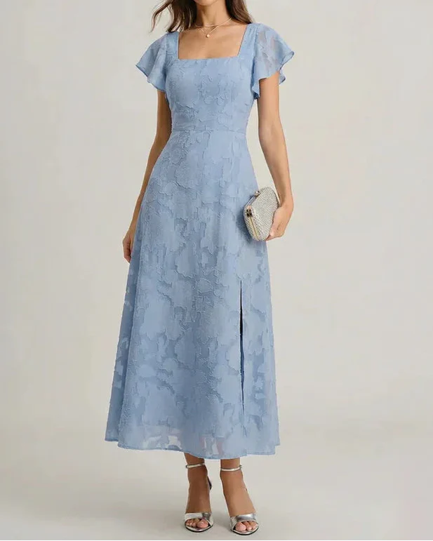 Dusty Blue Square Neck Flutter Sleeve Burnout Floral Back Tie Slit Midi Dress