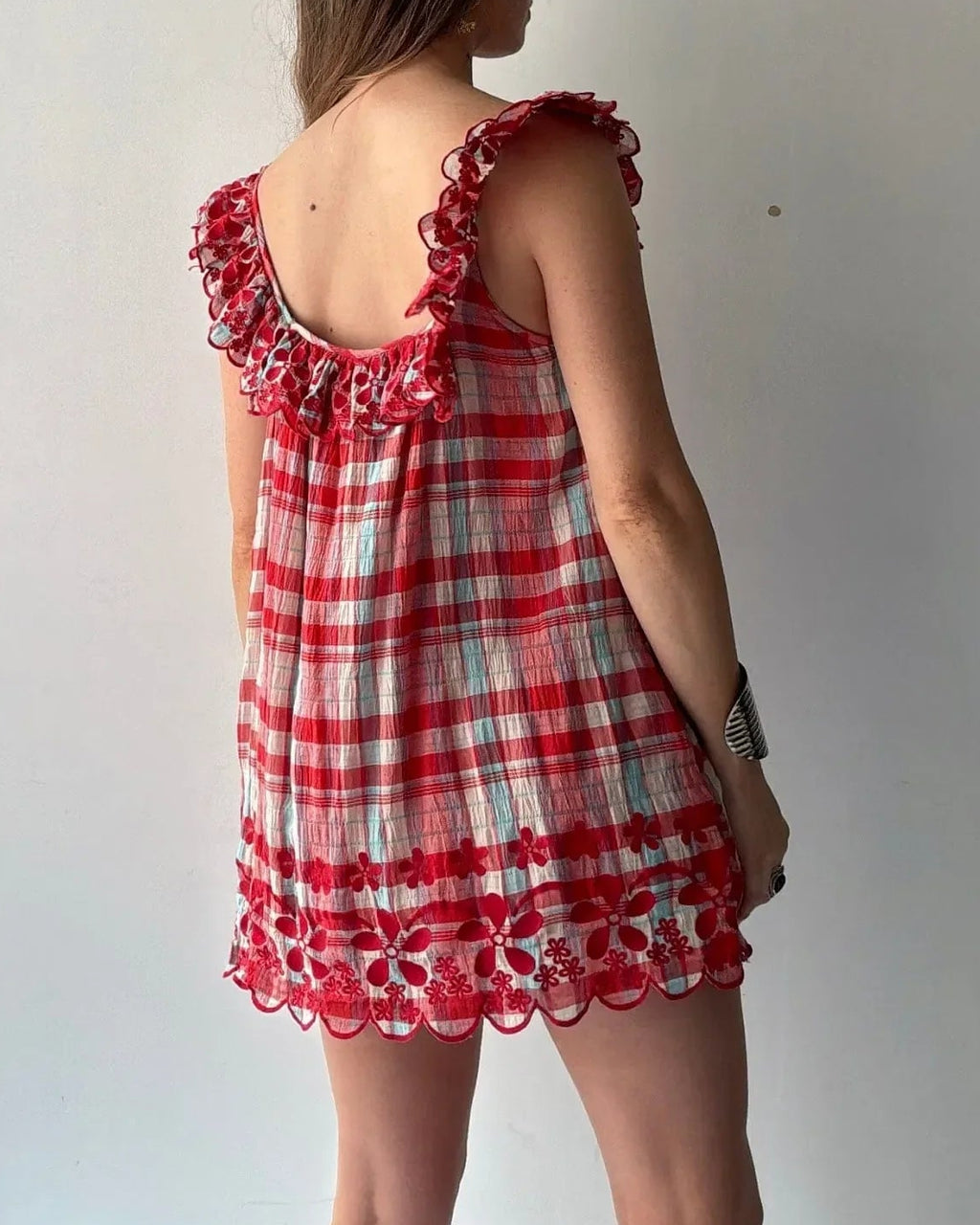 Red & White Plaid Embroidered Ruffle Mini Dress