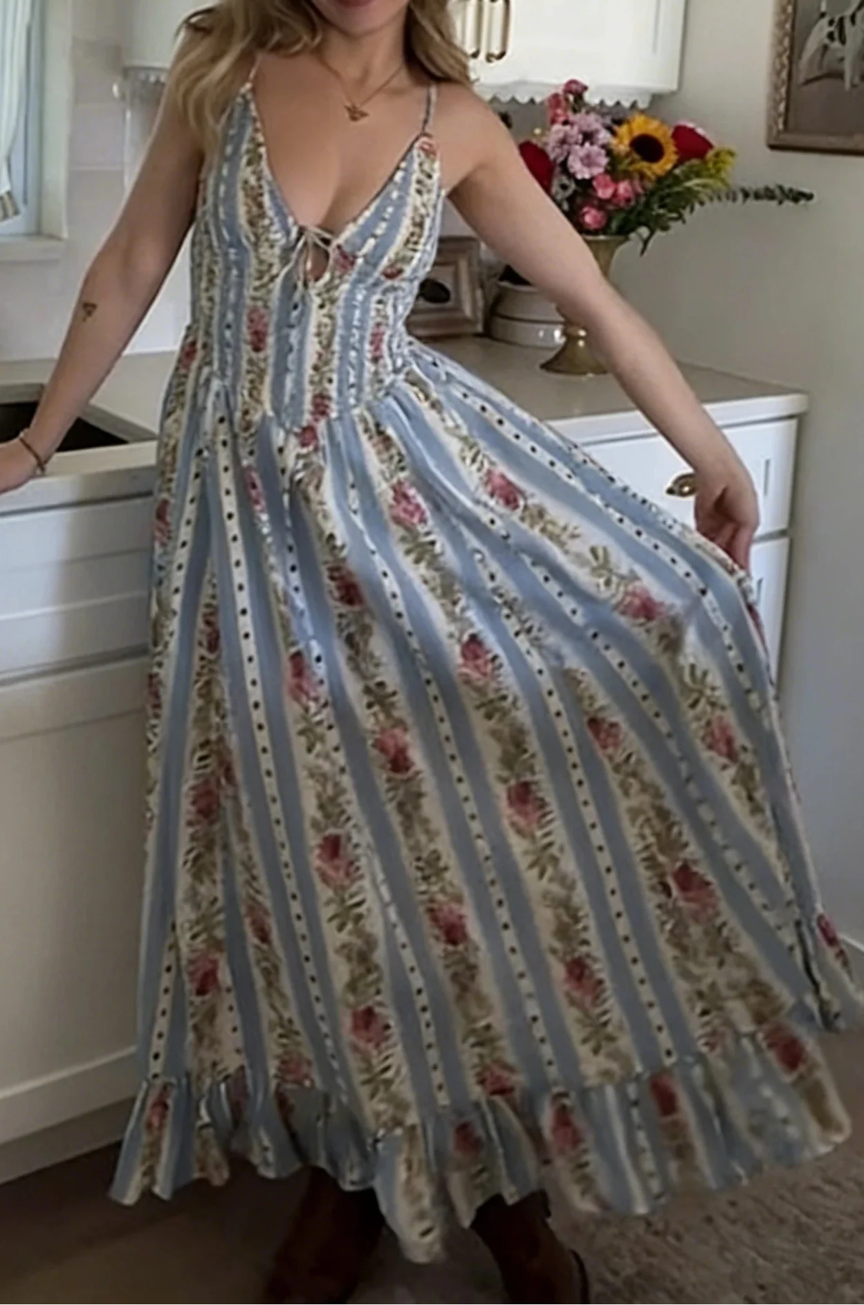 Blue White Stripe Floral V-Neck Tie Cami Flare Maxi Dress | Boho Vintage Tea Dress