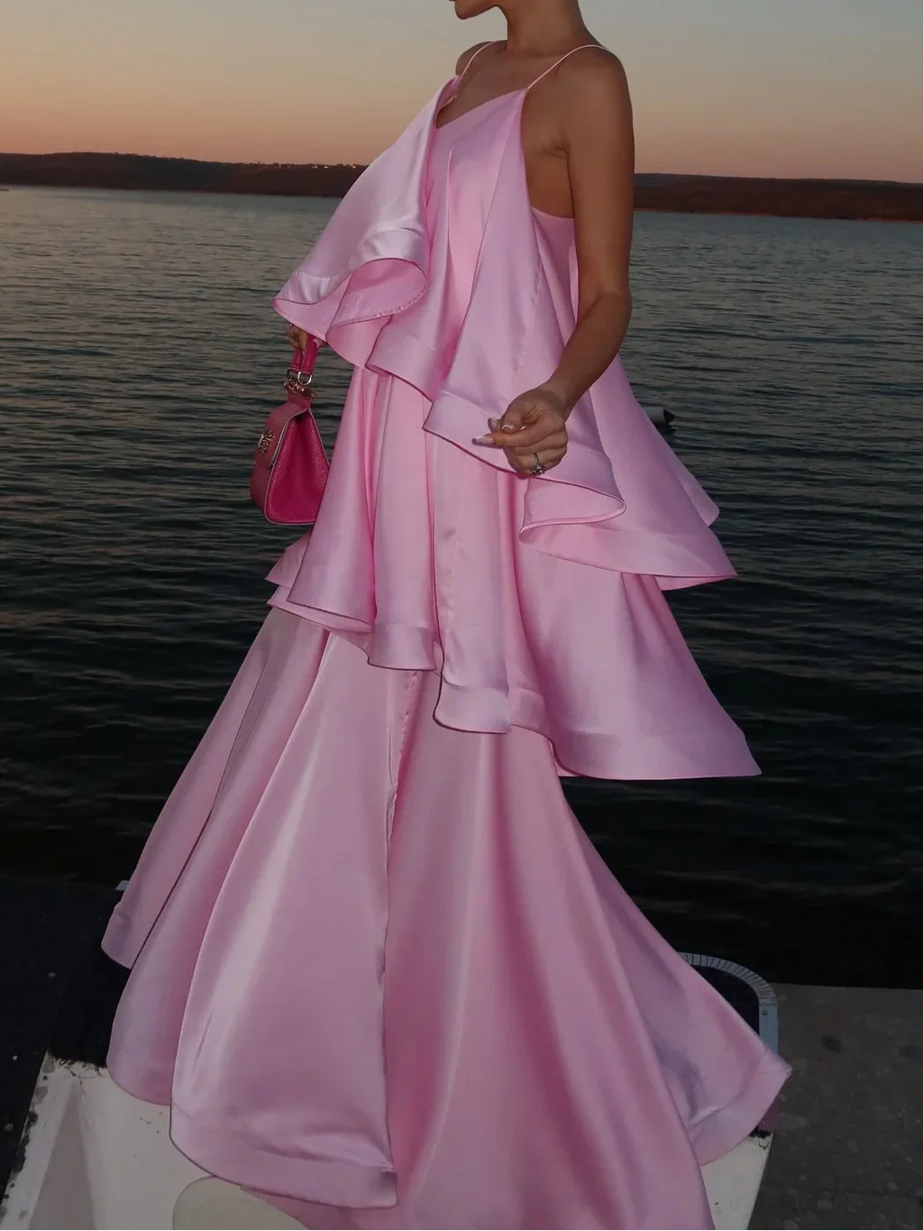 Pink Satin V-Neck Spaghetti Strap Tiered Ruffle Maxi Evening Gown