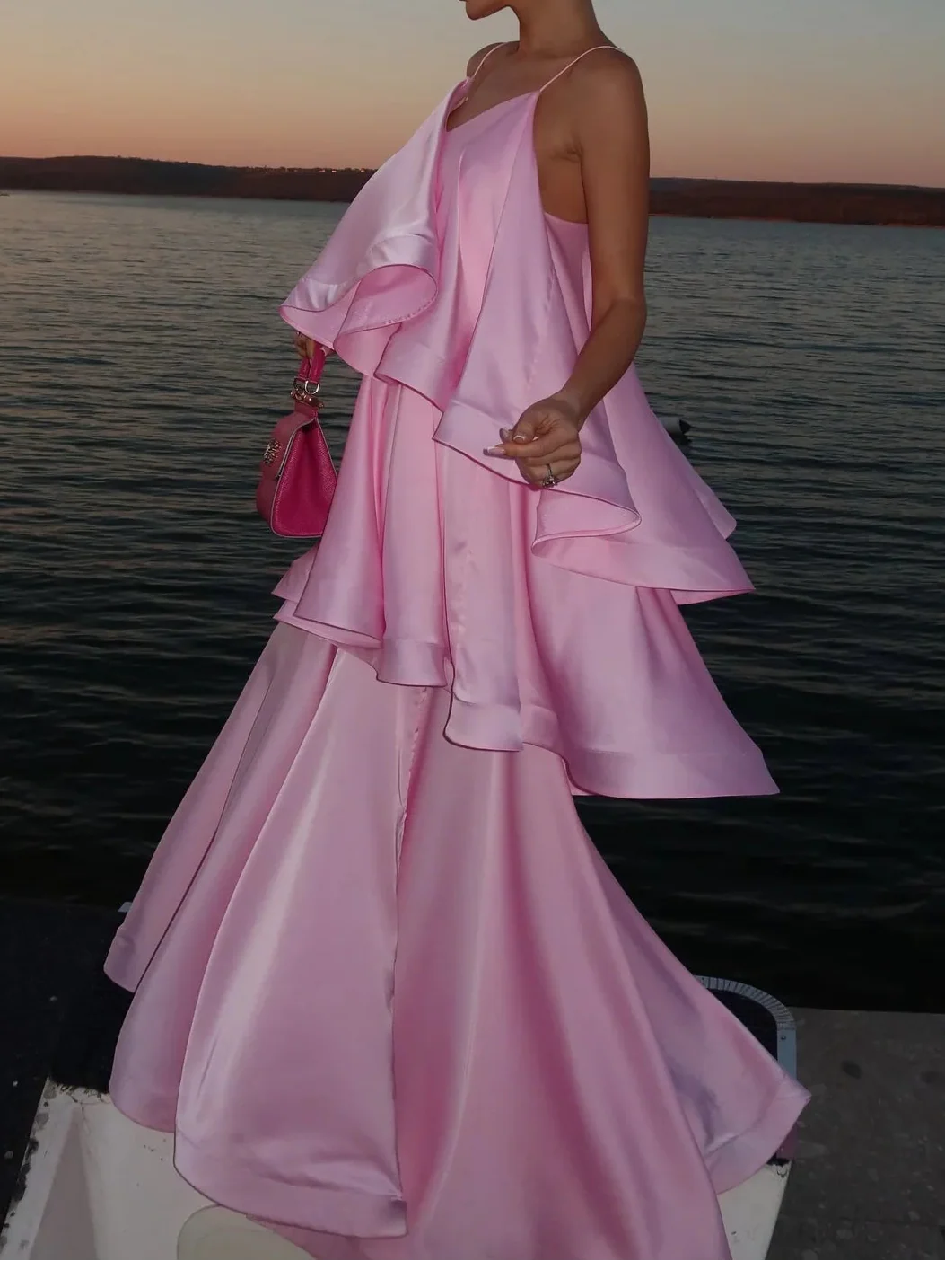 Pink Satin V-Neck Spaghetti Strap Tiered Ruffle Maxi Evening Gown