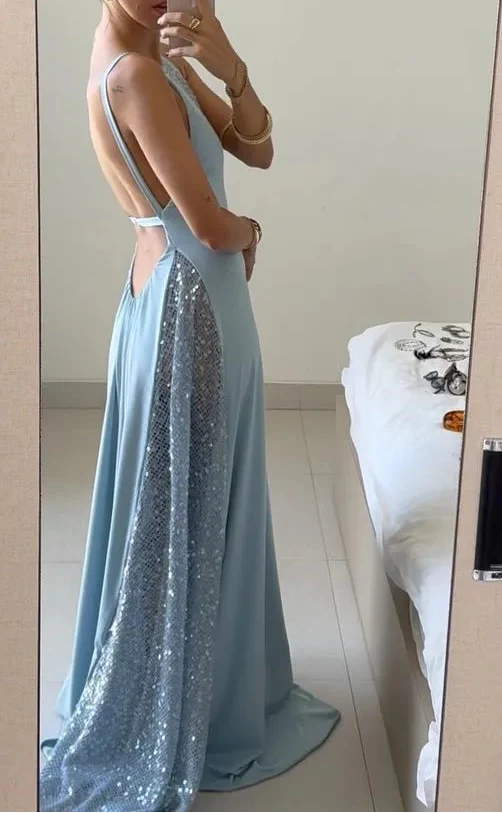 Light Blue Halter Neck Open Back Sequin Panel Drape Maxi Dress | Luxury Elegant Evening Gown
