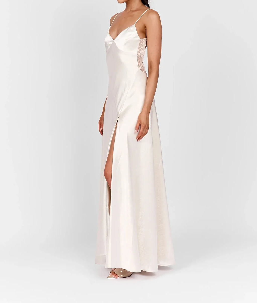 Women Thin Spaghetti Strap V Neck Lace Trim Open Back High Slit Satin Maxi Slip Dress