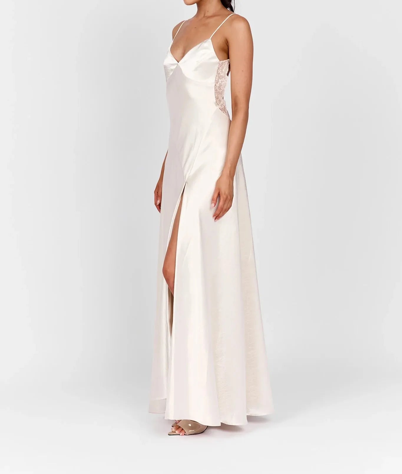 Women Thin Spaghetti Strap V Neck Lace Trim Open Back High Slit Satin Maxi Slip Dress