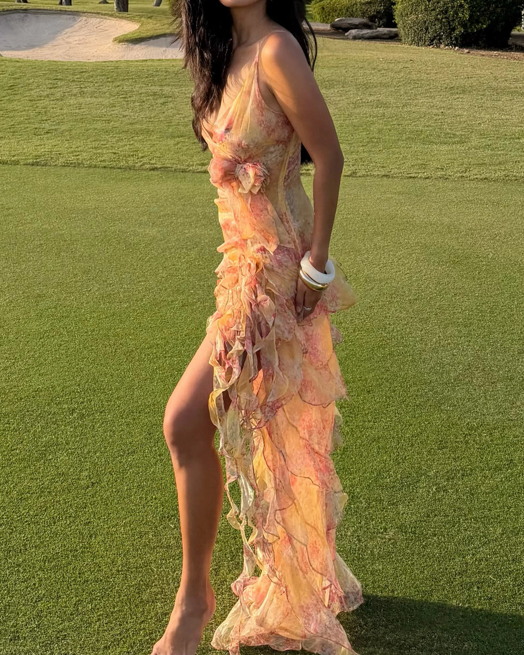 3D Flower Ruffle Chiffon Maxi Dress with Train