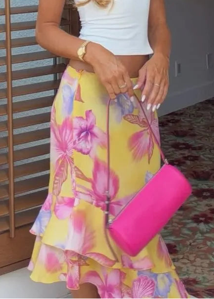 Yellow Tropical Floral Print Ruffle Midi Skirt