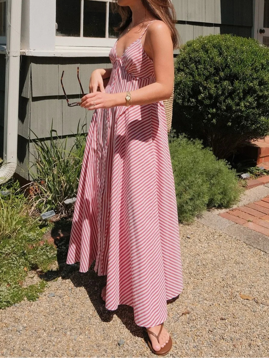 Red & White Striped V-Neck Cami Waisted Maxi Dress