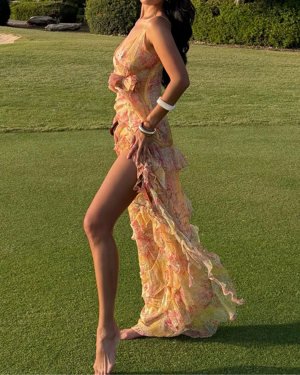 3D Flower Ruffle Chiffon Maxi Dress with Train