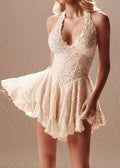 Cream Halter V Neck Full Lace Corset Flared Mini Skater Dress