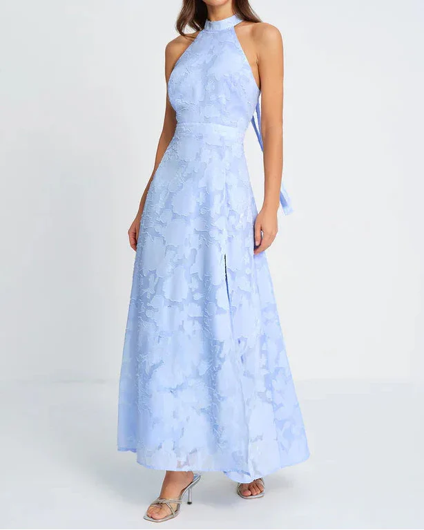 Light Blue Halter Jacquard Open Back Slit Maxi Dress