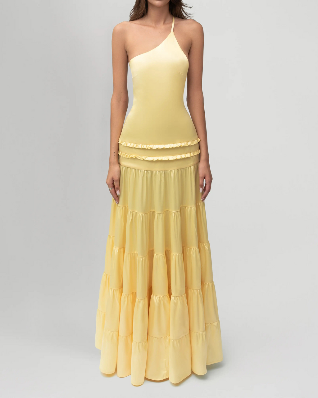 One-Shoulder Open-Back Satin Tiered Maxi Dress