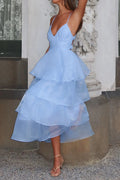Light Blue V-Neck Spaghetti Strap Open Back Tiered Ruffle Cake Maxi Dress