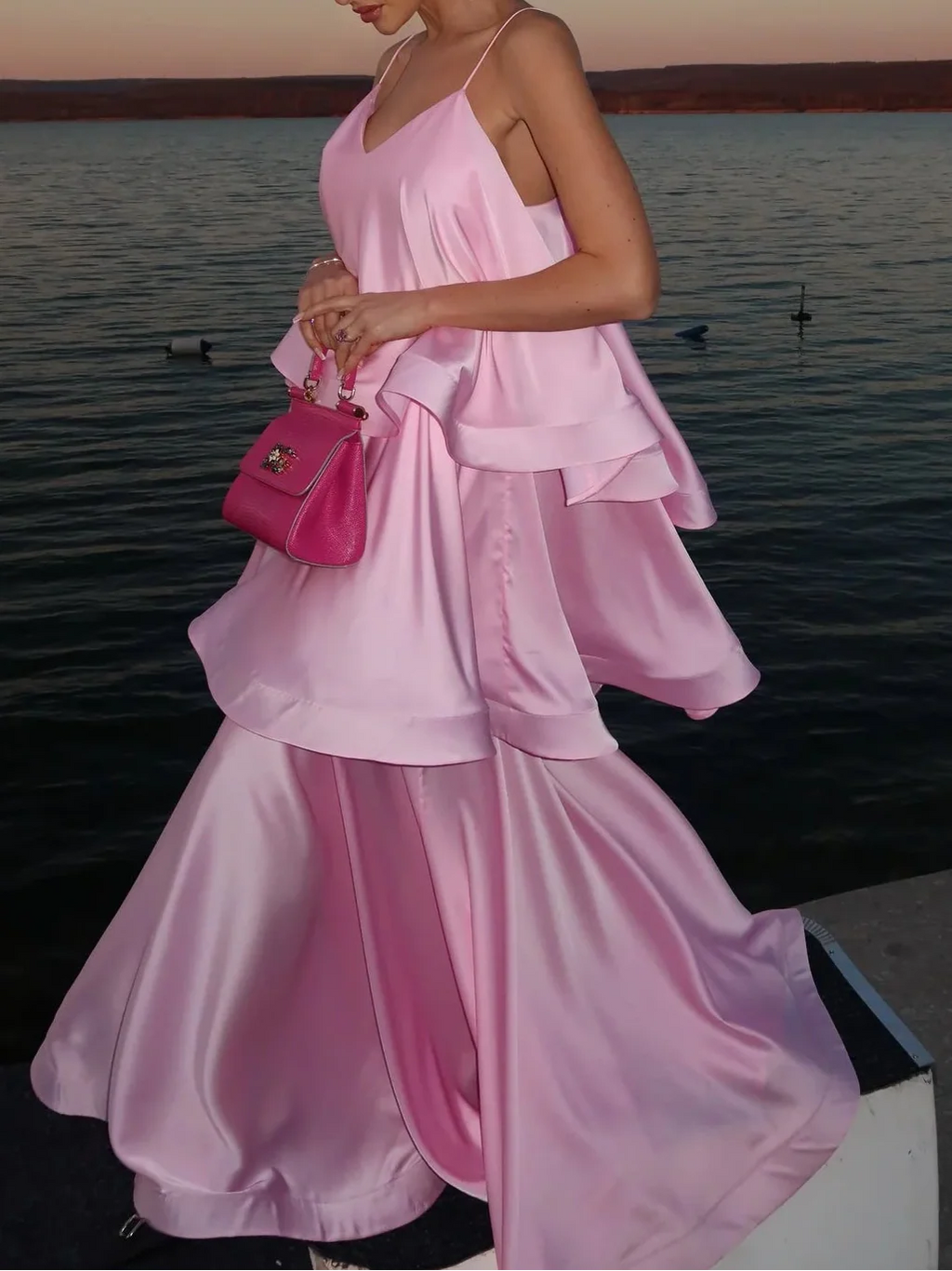 Pink Satin V-Neck Spaghetti Strap Tiered Ruffle Maxi Evening Gown