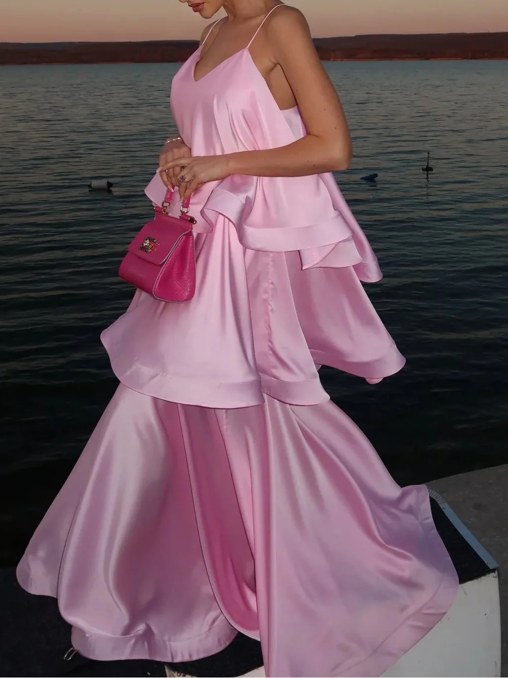 Pink Satin V-Neck Spaghetti Strap Tiered Ruffle Maxi Evening Gown