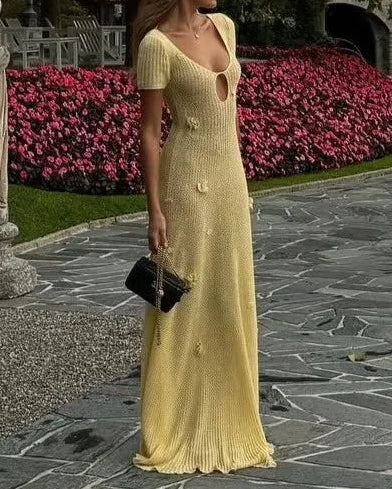Cream Yellow 3D Flower U-Neck Cutout Knit Backless Maxi Dress