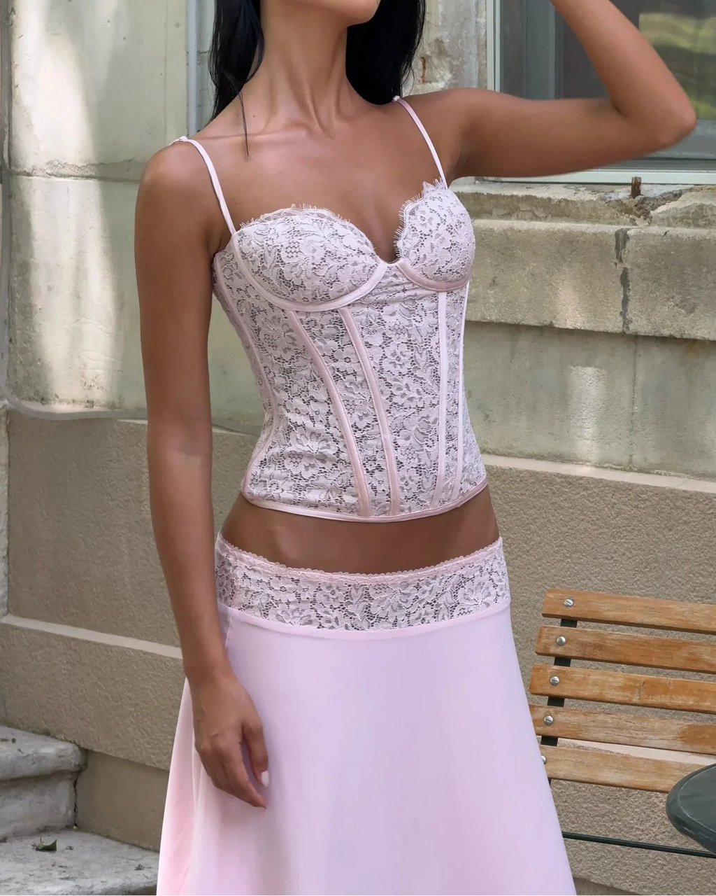Pink Lace Corset Cami & High-Waisted Midi Skirt Set