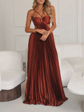Women Criss Cross Spaghetti Strap Cutout Open Back Solid Pleated Satin Maxi Dress
