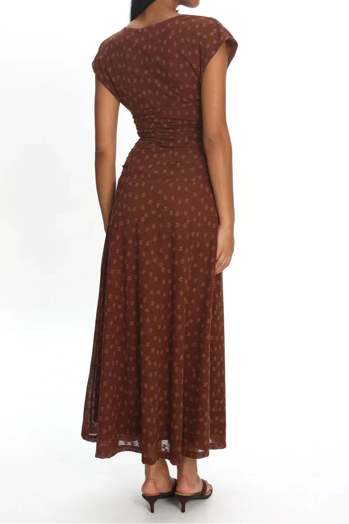 Caramel Floral Print V-Neck Cap Sleeve Ruched Waist Fitted Midi Dress