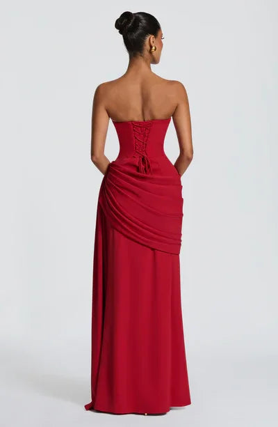 Strapless Cowl Neck Lace-Up Backless Ruched Mermaid Evening Maxi Dress