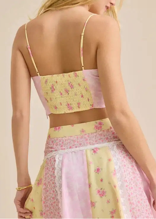Pink Yellow Patchwork Floral Lace Cami Crop Top & Maxi Skirt Two Piece Set