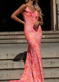 Women Spaghetti Strap Ruffle Open Back Ruched Abstract Print Mermaid Maxi Gown