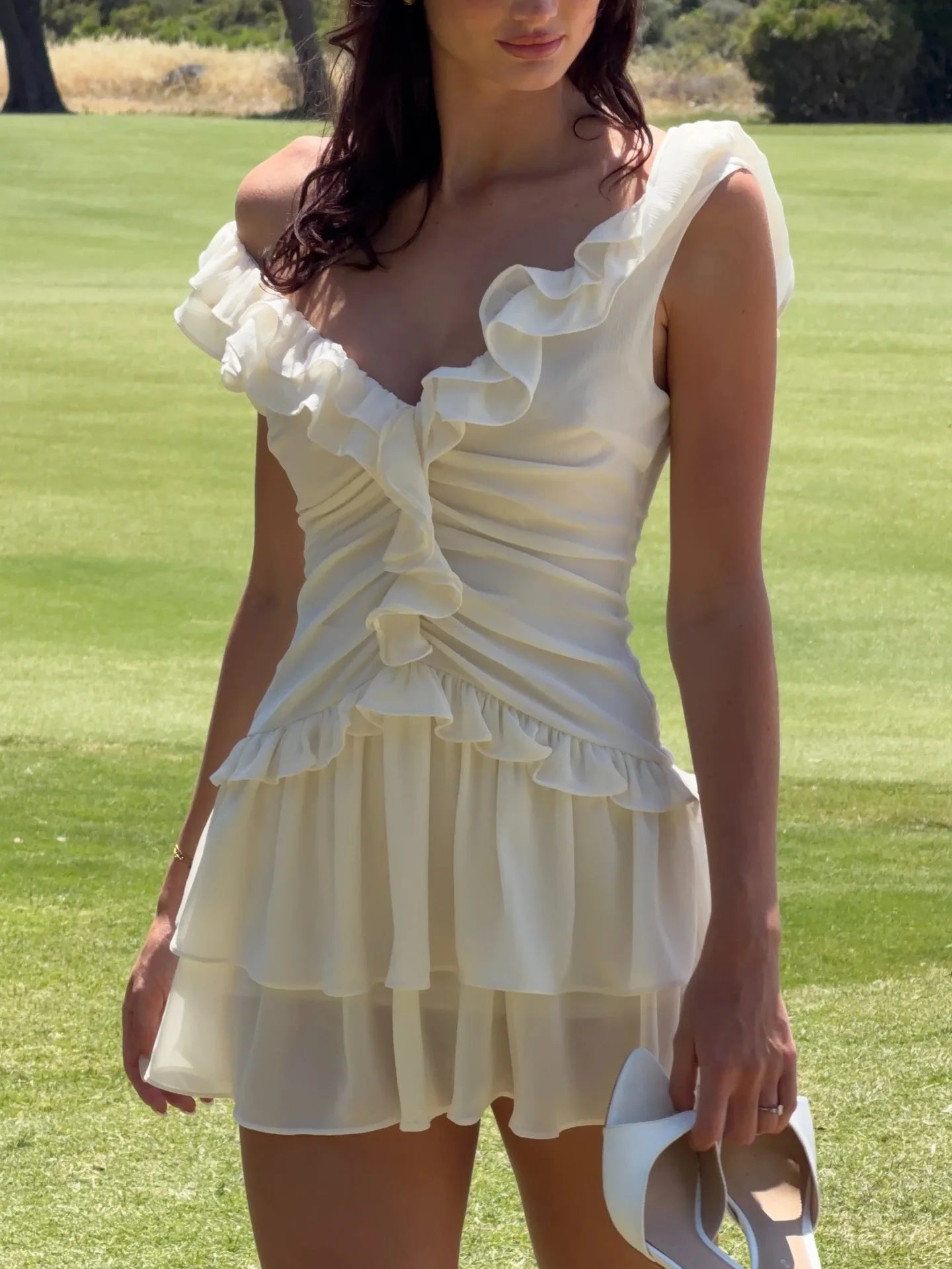 White Off Shoulder Ruffle Ruched Tiered Chiffon Mini Dress