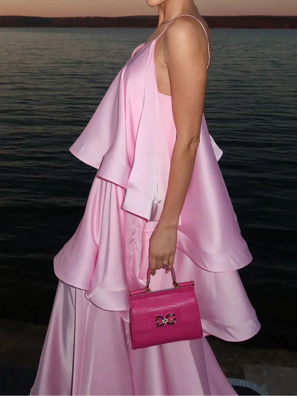 Pink Satin V-Neck Spaghetti Strap Tiered Ruffle Maxi Evening Gown