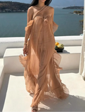 Nude Pleated Strapless Maxi Dress | Rose Decor Off-Shoulder Vacation Gown