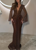 Deep V Shiny Bodycon Evening Maxi Dress
