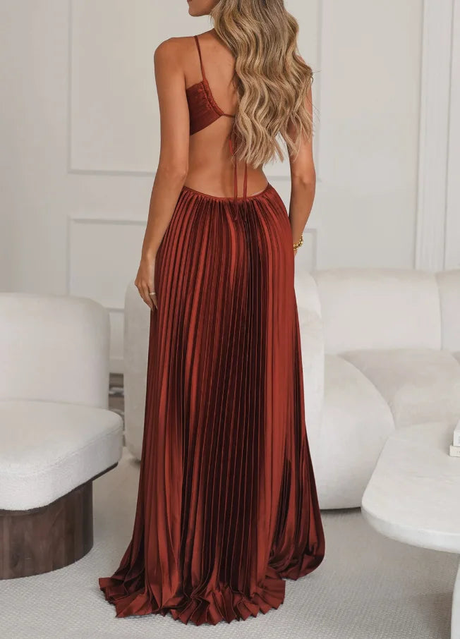 Women Criss Cross Spaghetti Strap Cutout Open Back Solid Pleated Satin Maxi Dress