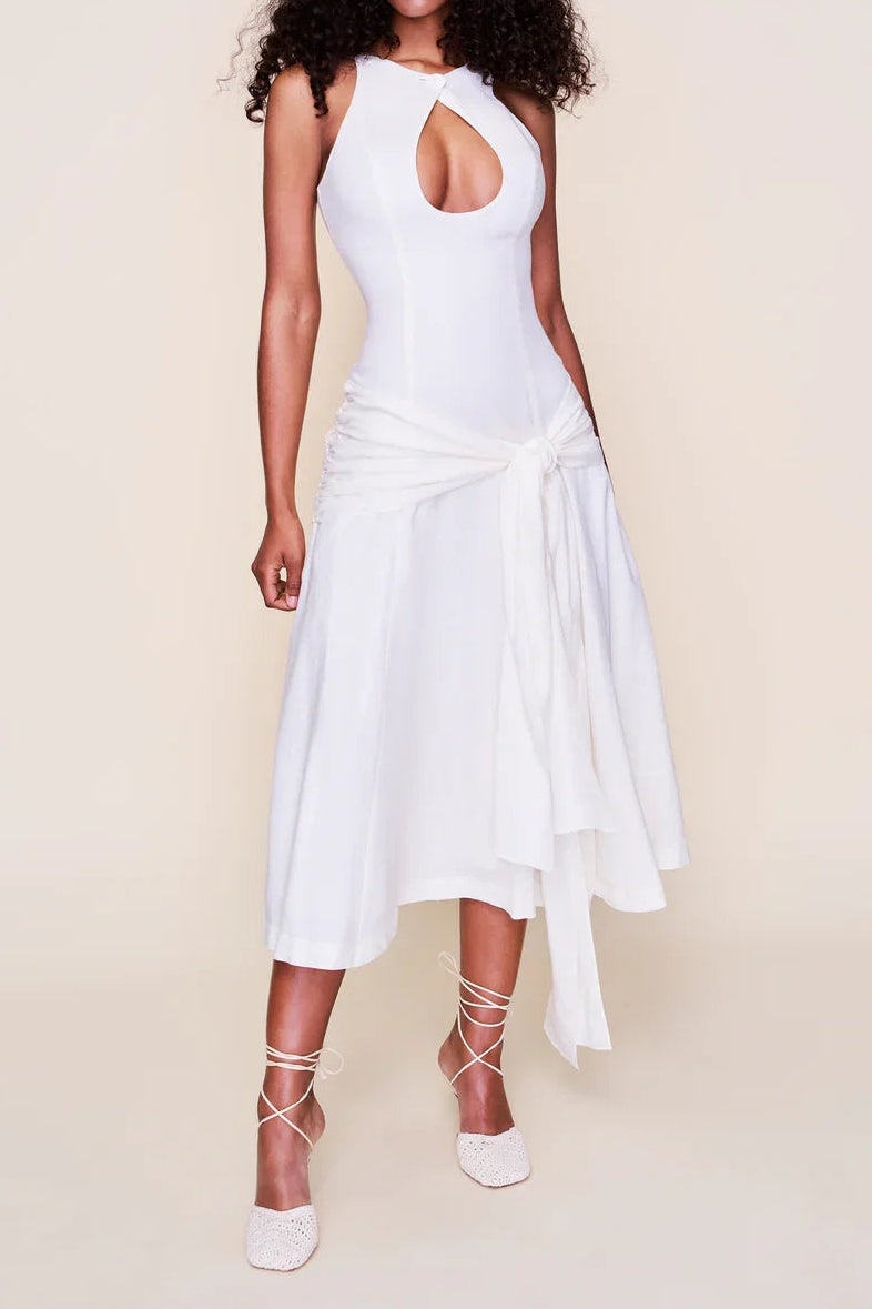 Halter Cutout Waist Tie Irregular Midi Dress