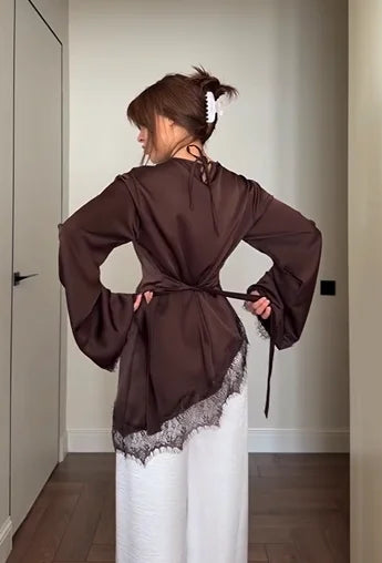 Satin Lace Trim Tie-Waist Flare Sleeve Top