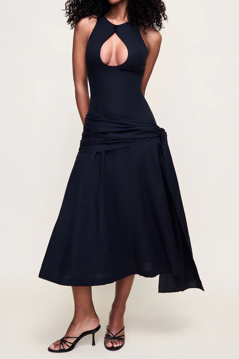 Halter Cutout Waist Tie Irregular Midi Dress
