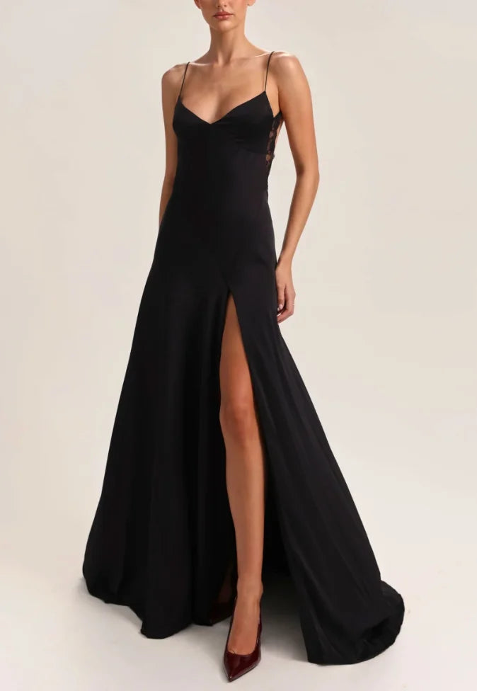 Women Thin Spaghetti Strap V Neck Lace Trim Open Back High Slit Satin Maxi Slip Dress