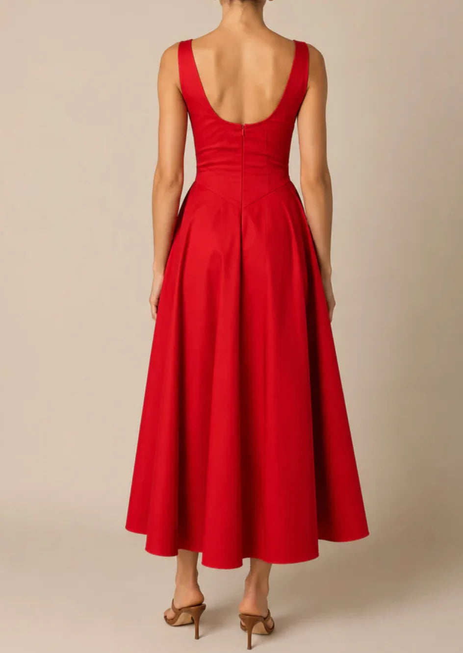 Women Sleeveless Boat Neck Open Back Solid A-Line Midi Dress