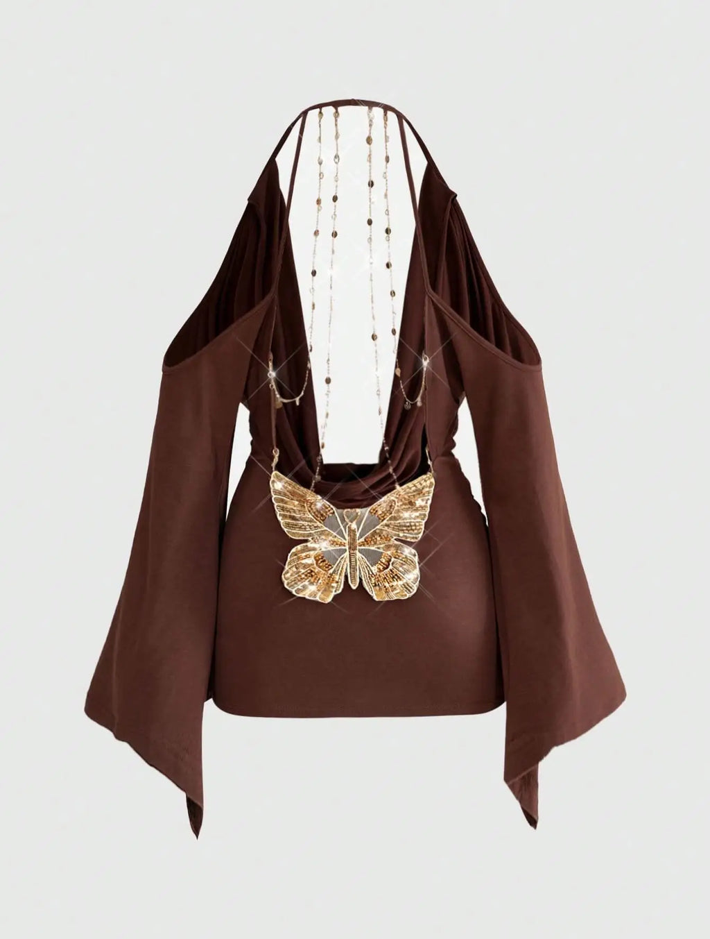 Brown Halter Cowl Neck Off-Shoulder Flare Sleeve Chain Backless Mini Dress