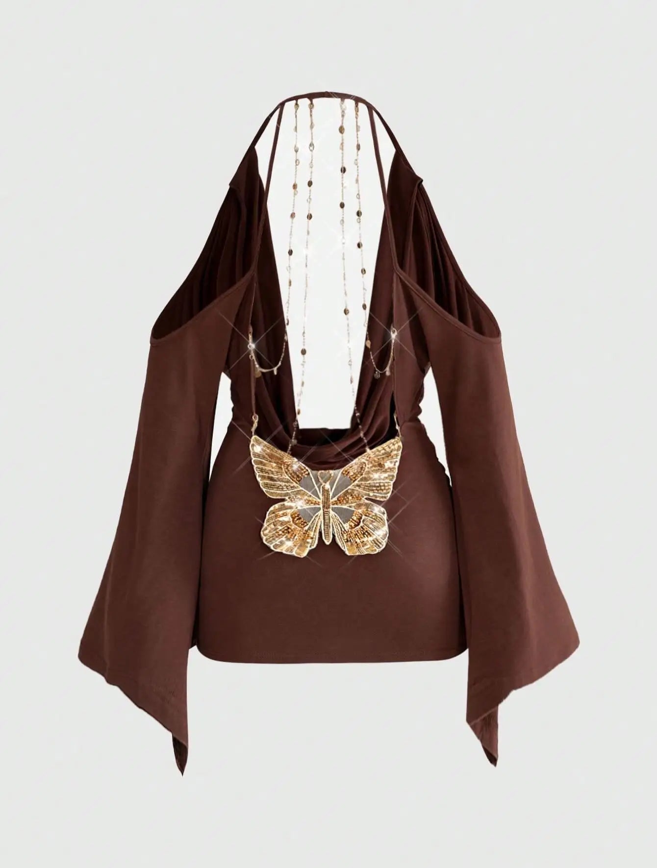 Brown Halter Cowl Neck Off-Shoulder Flare Sleeve Chain Backless Mini Dress