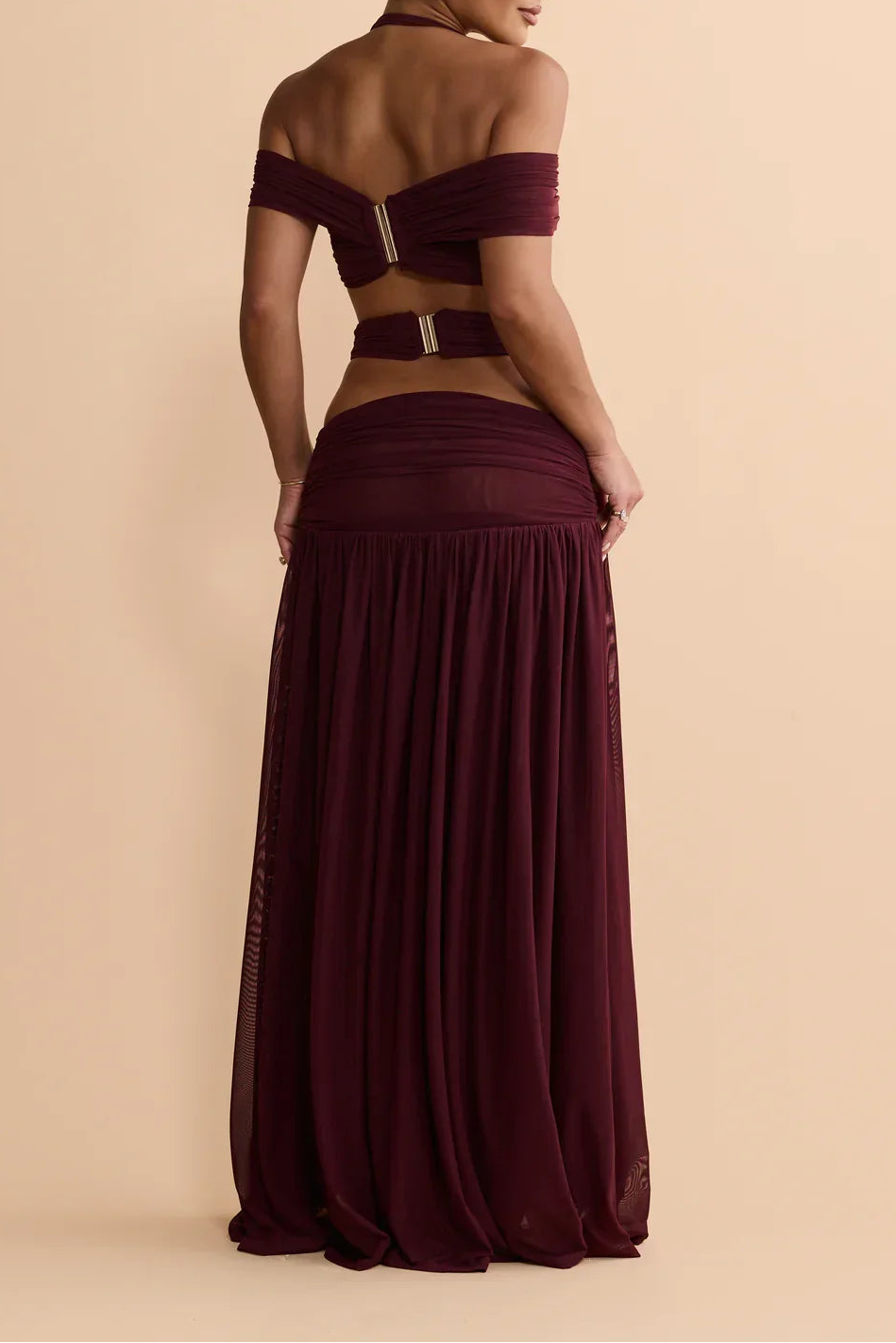 Halter Off-Shoulder Mesh Cut-Out Waist-Cinching Maxi Two-Piece Set | Sexy Backless Vacation Outfit