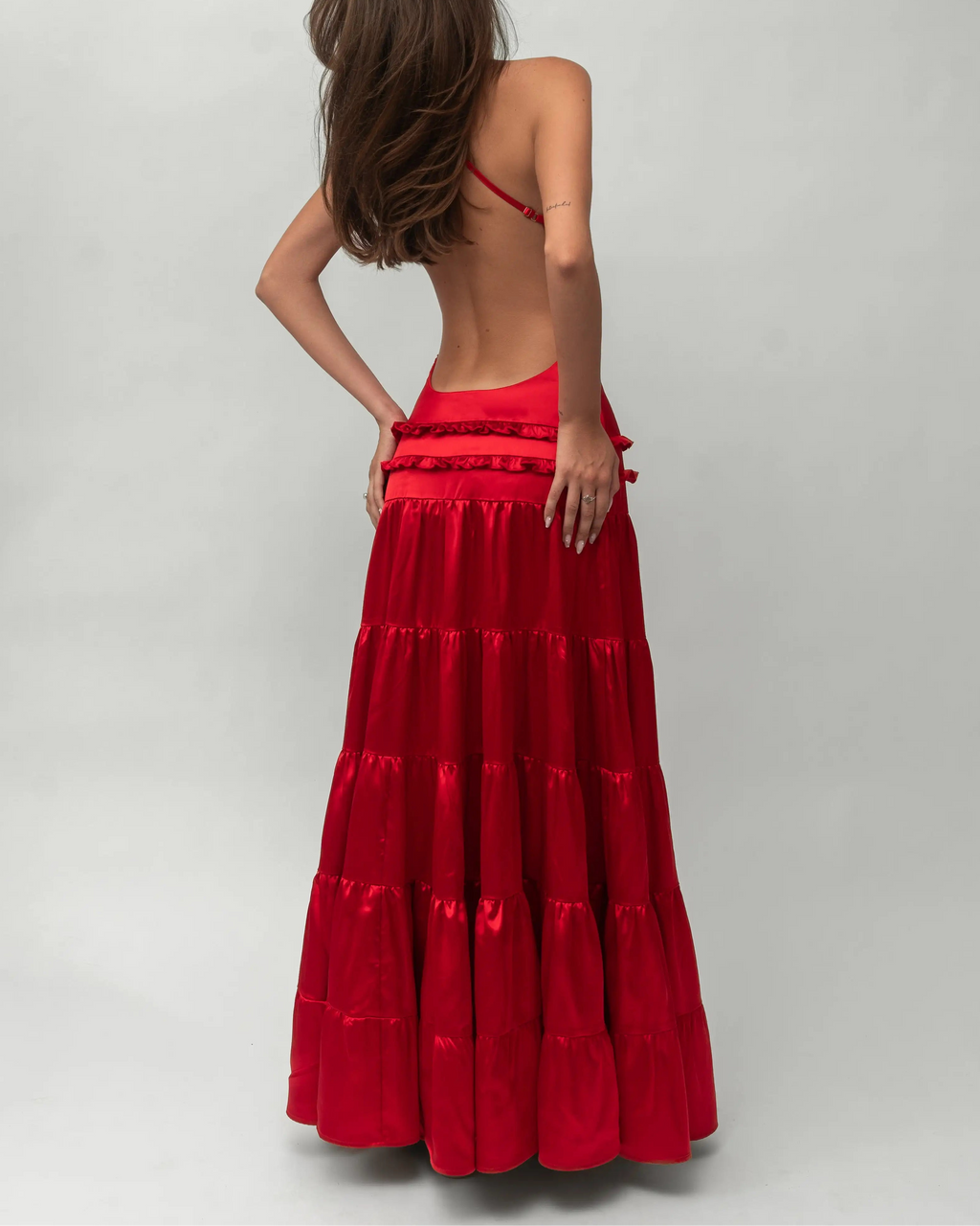 One-Shoulder Open-Back Satin Tiered Maxi Dress