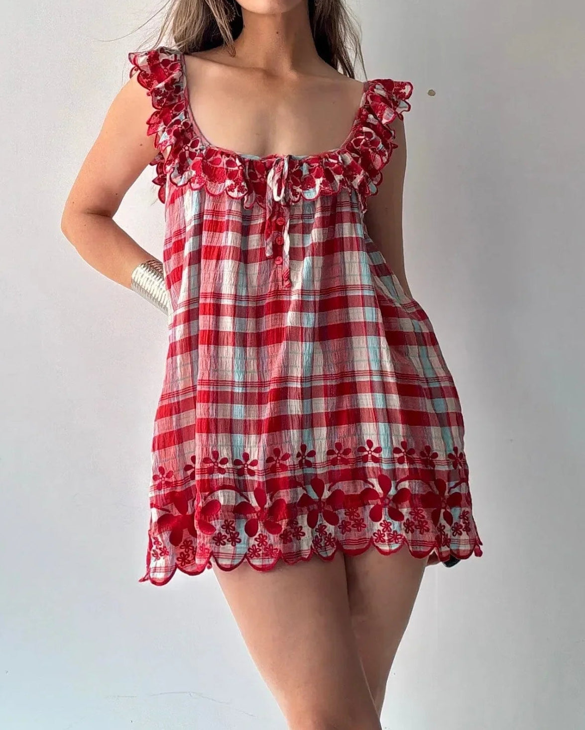 Red & White Plaid Embroidered Ruffle Mini Dress