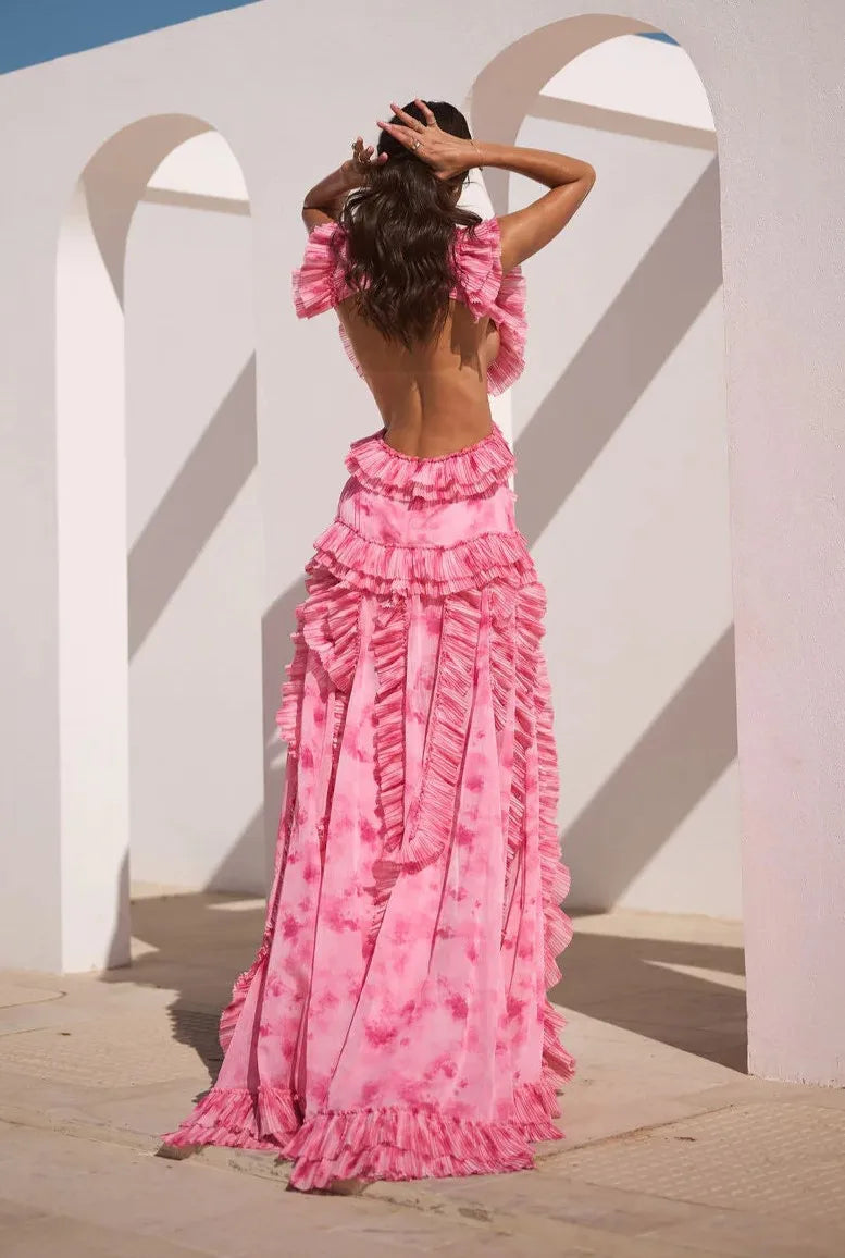 Pink Tie-Dye Ruffle Backless High Slit Maxi Dress | Vacation Style Sexy Party Gown