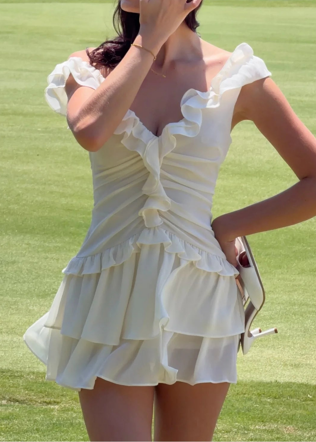White Off Shoulder Ruffle Ruched Tiered Chiffon Mini Dress